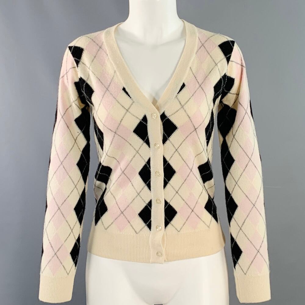 PRINGLE Size S Cream Pink Black Cashmere Argyle V-Neck Cardigan